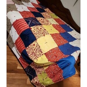 Vtg Handmade‎  Patchwork Squares Quilt Twin 52"x68" Hand Tied
